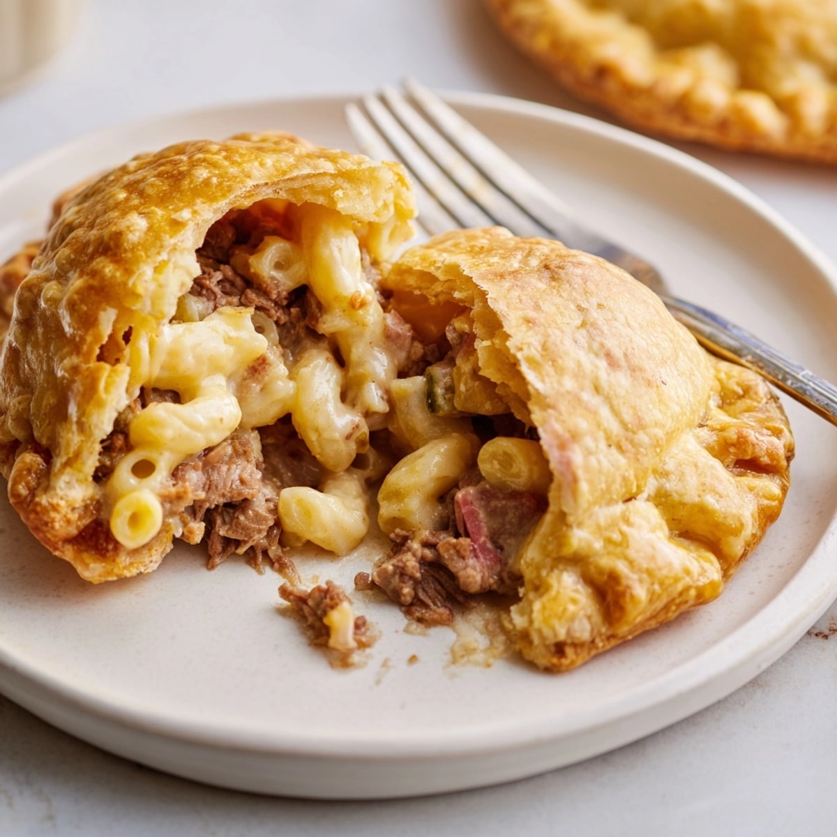 Golden Smoked Brisket & Mac n Cheese Empanadas, flaky pastry filled with savory goodness.