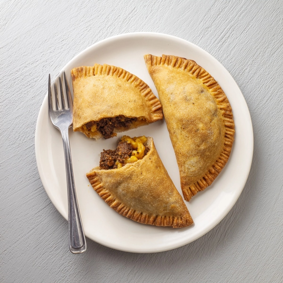 Close-up of warm, cheesy Smoked Brisket &amp; Mac n Cheese Empanadas, a delicious American fusion snack.