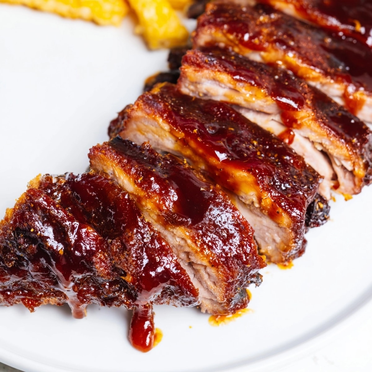 Close-up of glistening Bourbon BBQ Glazed Ribs and golden sweet corn fries.