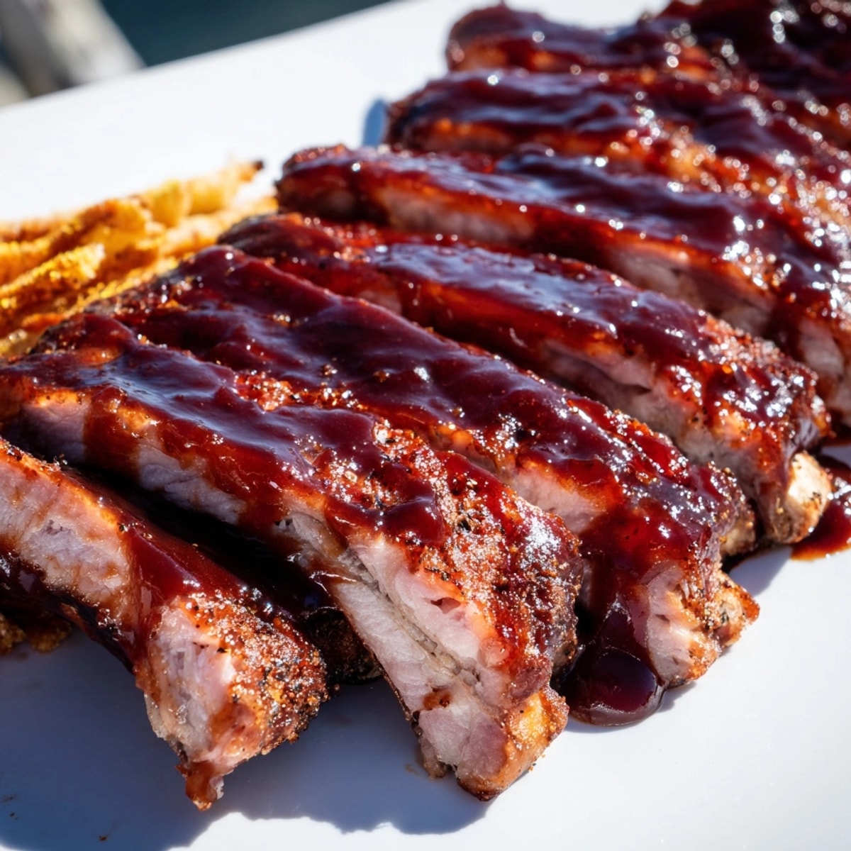 Sticky, smoky Bourbon BBQ Glazed Ribs glistening alongside crispy sweet corn fries.