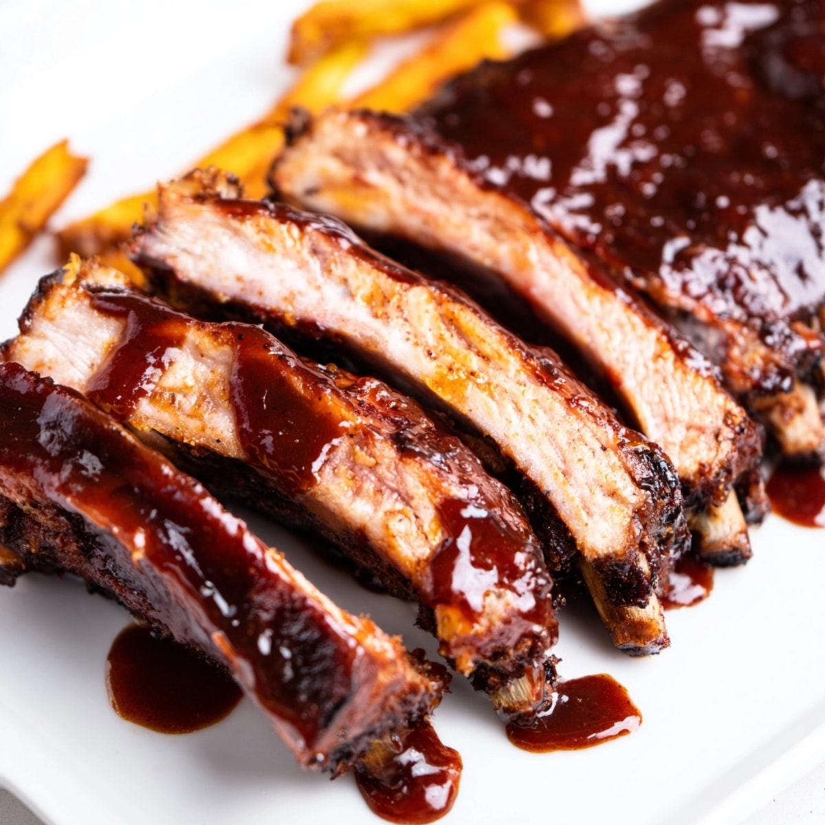 Southern comfort food: Bourbon BBQ Glazed Ribs piled high with crunchy sweet corn fries.