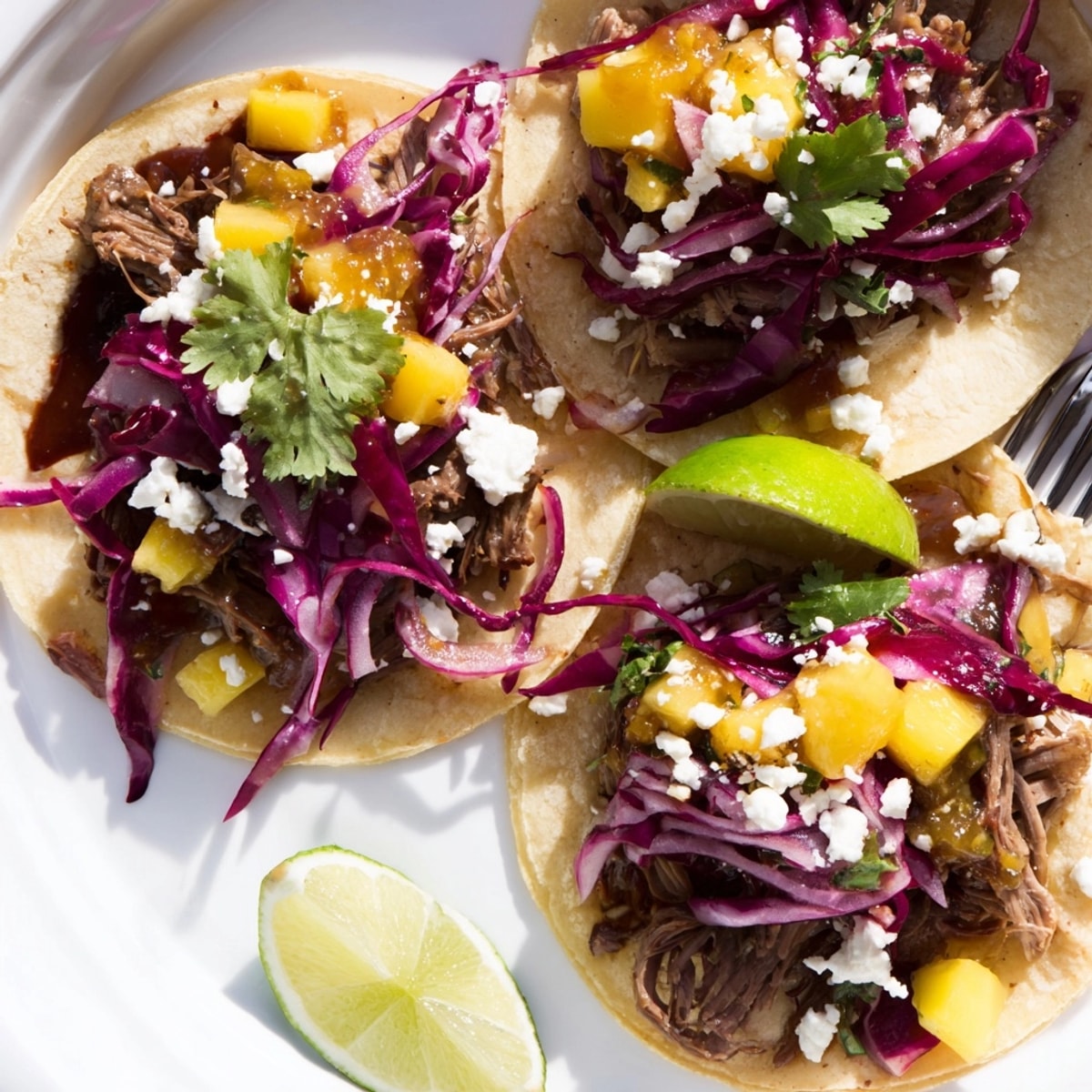 Crispy Duck Confit Tacos with Spicy Mango Chutney spilling flavorfully from a corn tortilla.