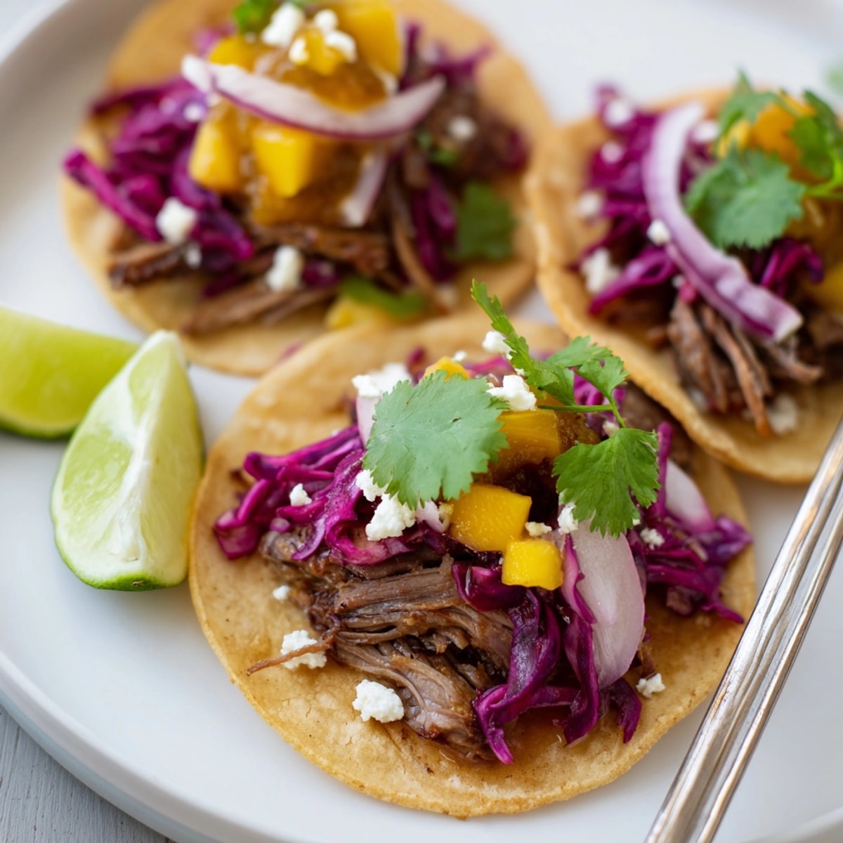 Golden, rich Duck Confit Tacos showcasing vibrant mango chutney, herbs, and cheese atop warm tortillas.