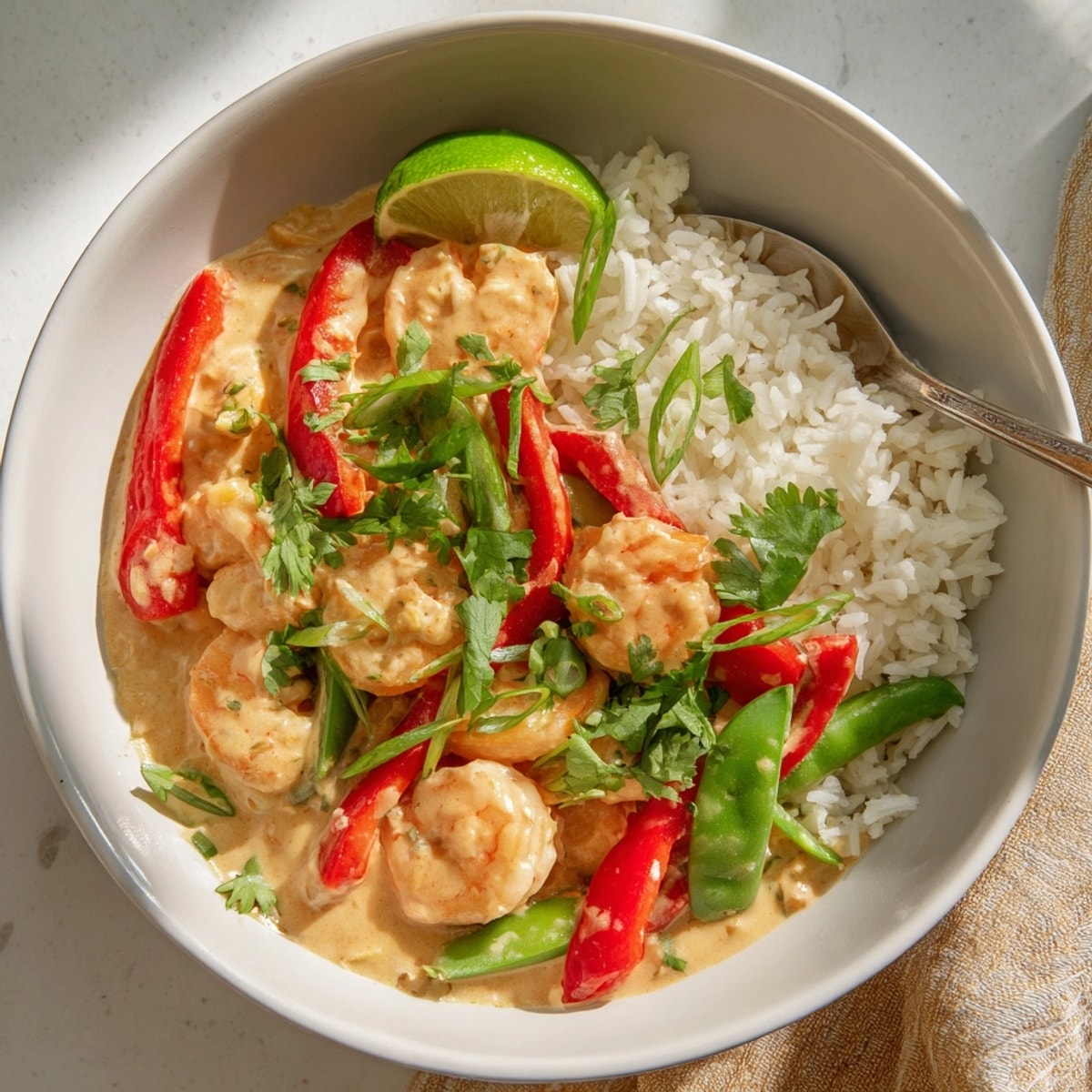 Golden Coconut Curry Shrimp & Rice Bowl, ready to eat with fresh cilantro.