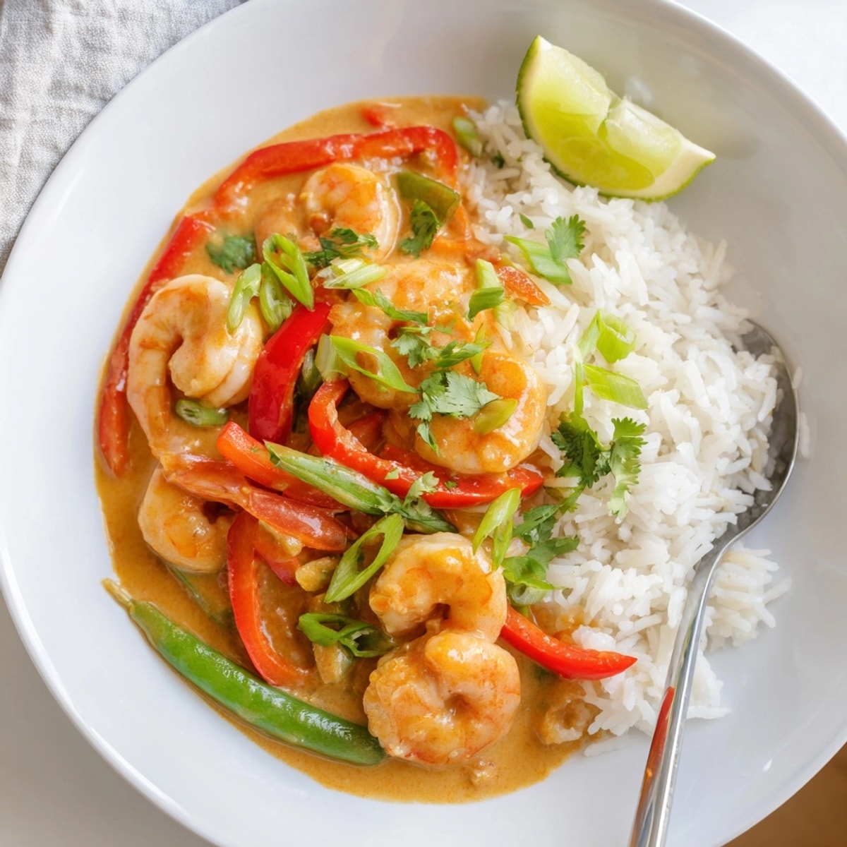 Easy weeknight Coconut Curry Shrimp Bowl, colorful vegetables, simmered shrimp, and rice.