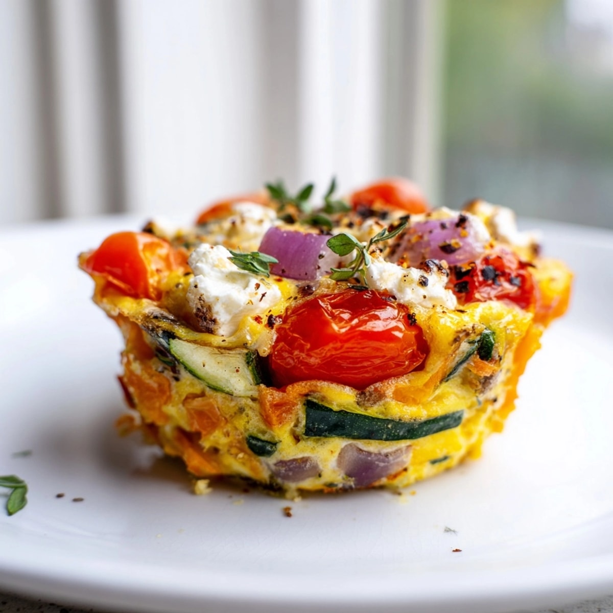 Close-up of a flavorful Roasted Veg & Goat Cheese Frittata Muffin, speckled with herbs.