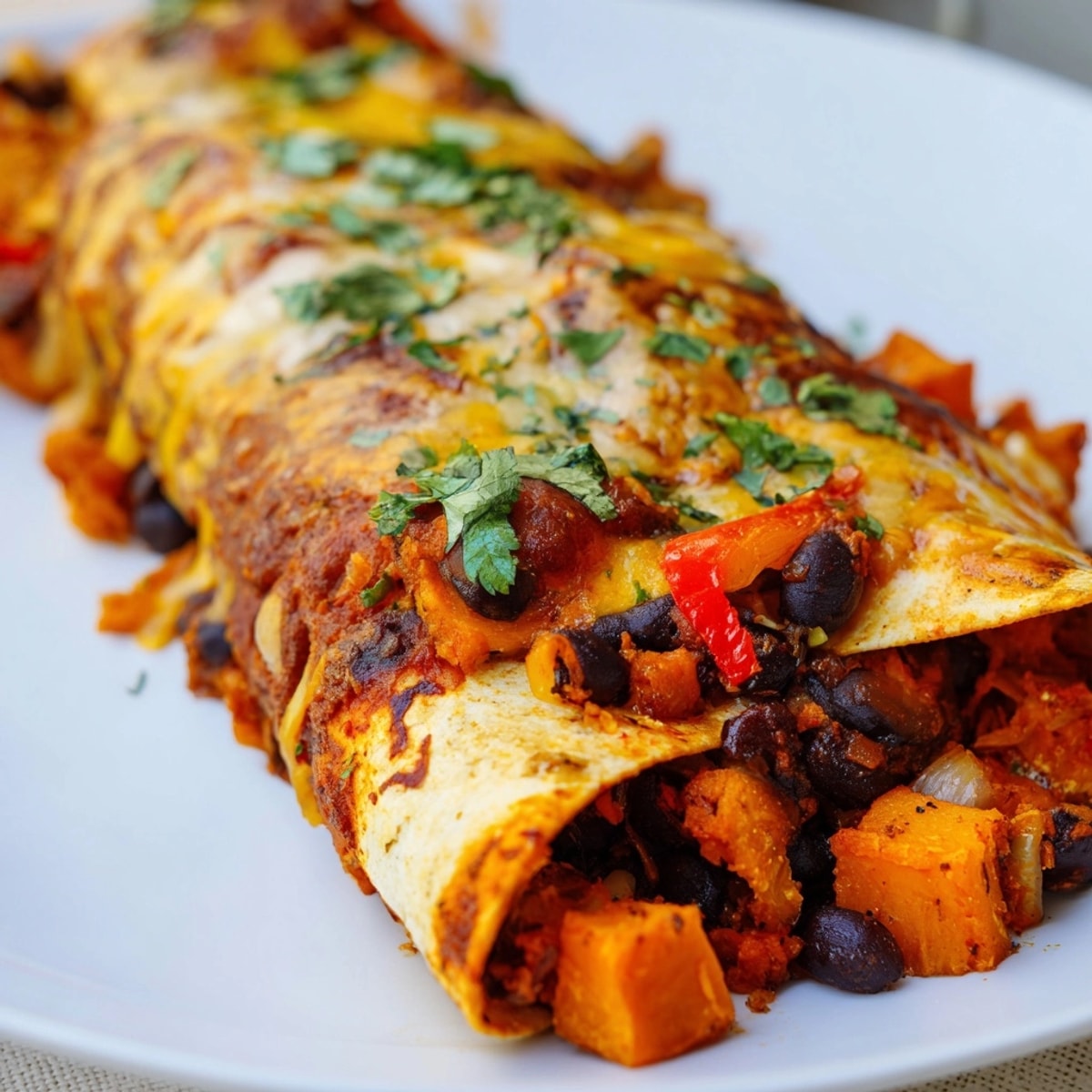 Oven-baked Spicy Black Bean & Sweet Potato Enchiladas, bubbly cheese, garnished with fresh cilantro.