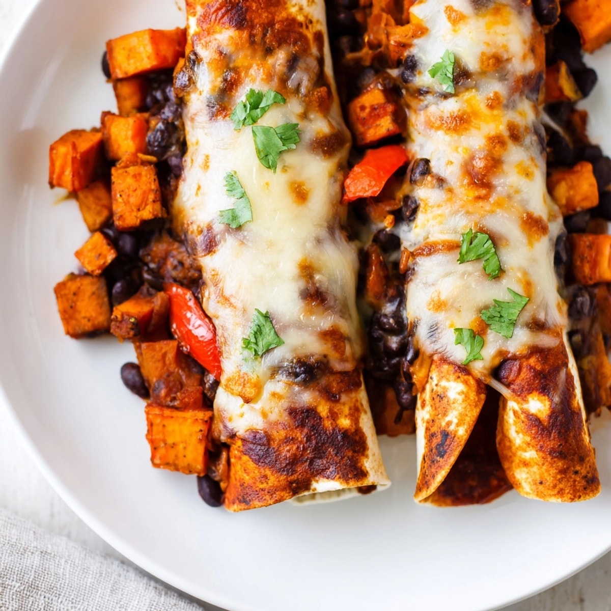 Stacked Spicy Black Bean & Sweet Potato Enchiladas dripping with savory red enchilada sauce.