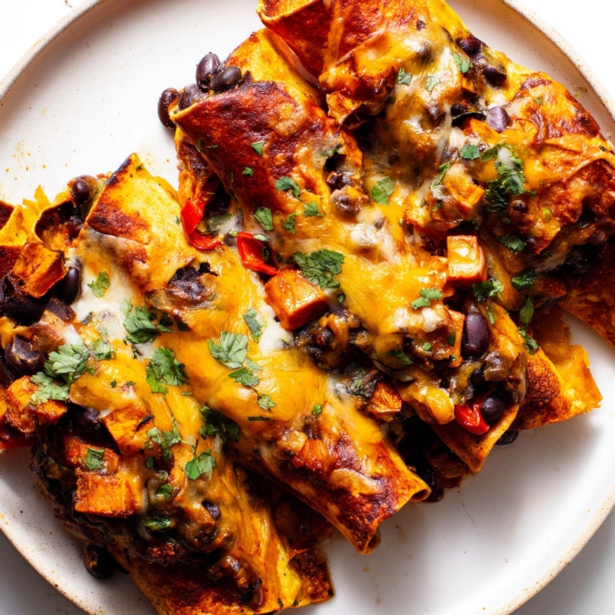 A rustic pan of Spicy Black Bean & Sweet Potato Enchiladas, ready for a satisfying dinner.