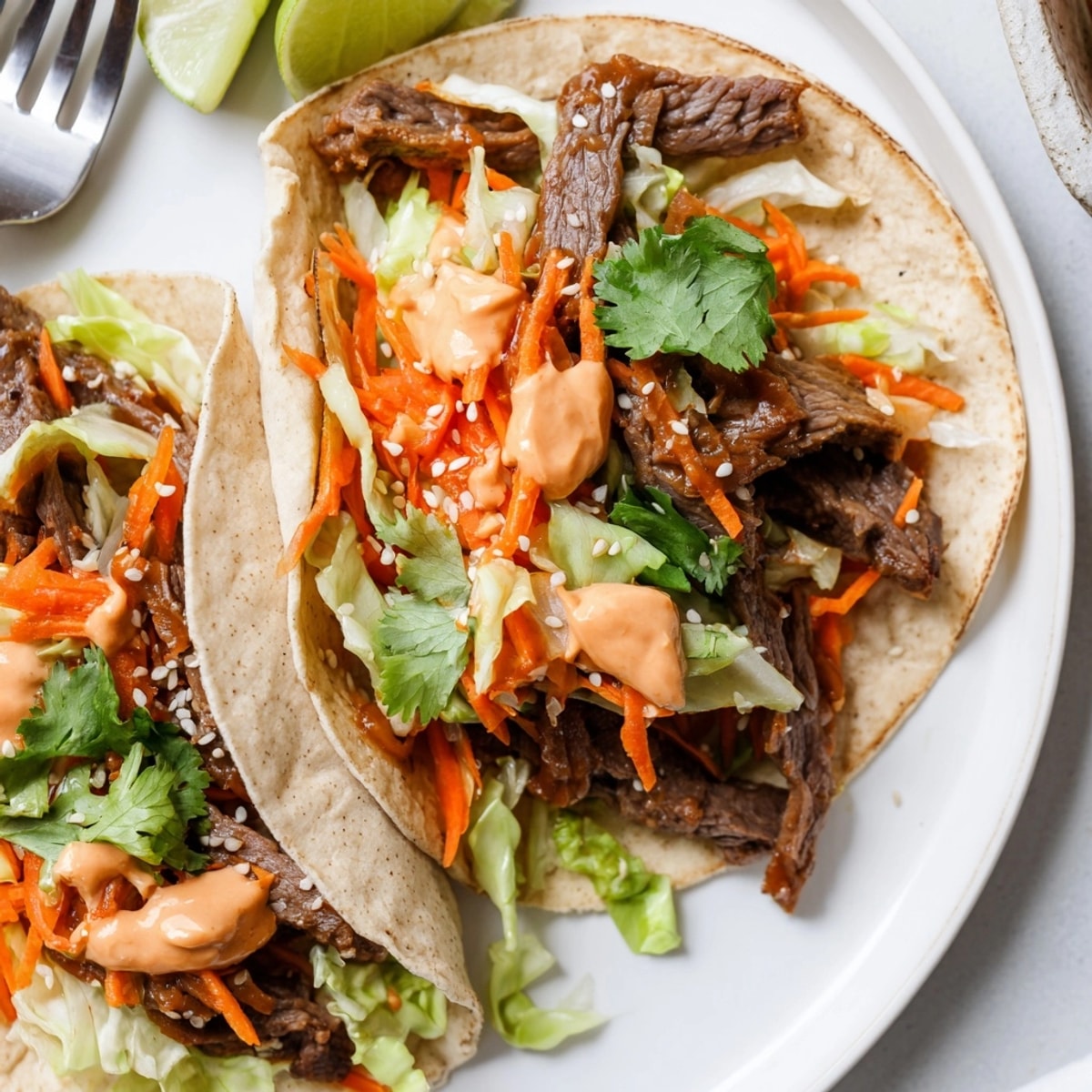 Close-up on Korean BBQ Beef Tacos: juicy beef, spicy kimchi, and fresh cilantro.