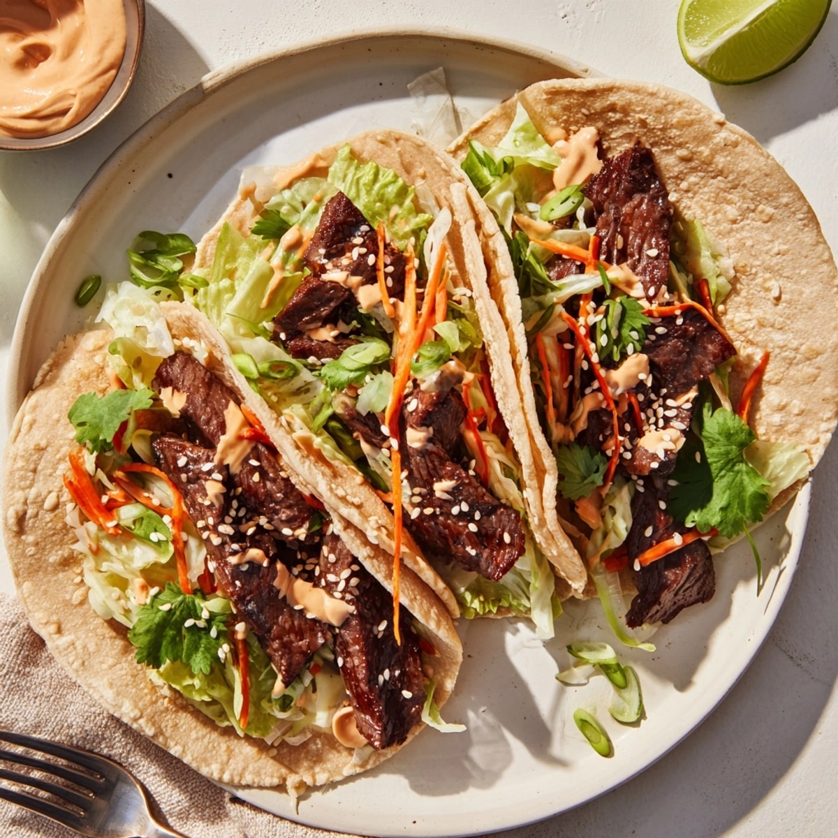 Savory Korean BBQ Beef Tacos recipe, ready to eat and garnished with sesame seeds.