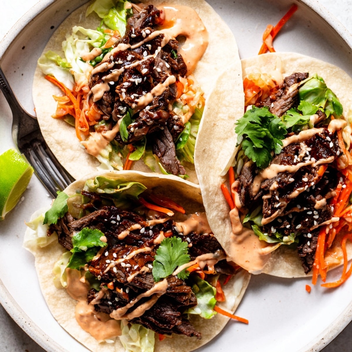 Warm tortillas loaded with Korean BBQ Beef Tacos, spilling with vibrant, tasty fixings.