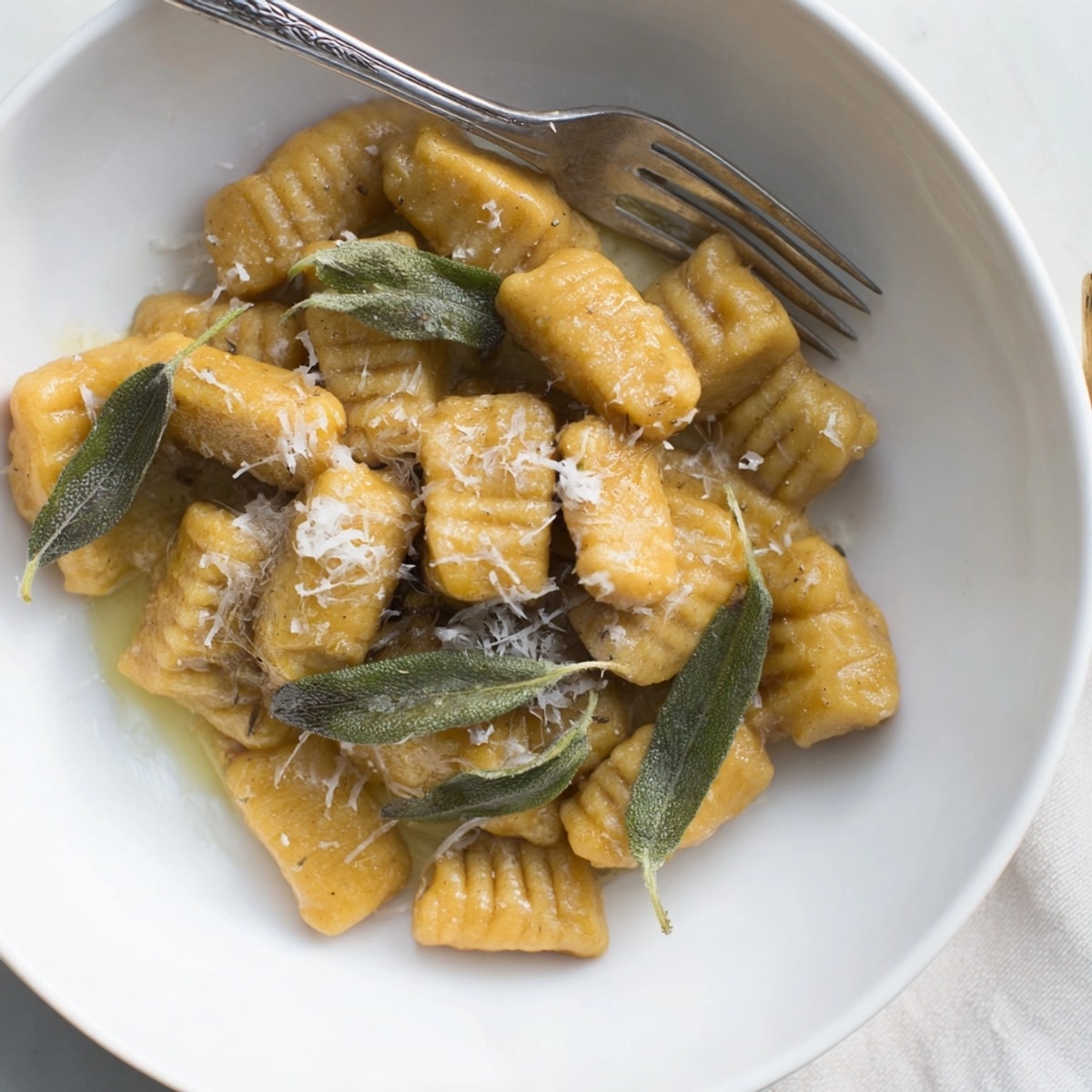 Golden Sweet Potato Gnocchi with Sage Butter, glistening in a rich, nutty pan sauce.