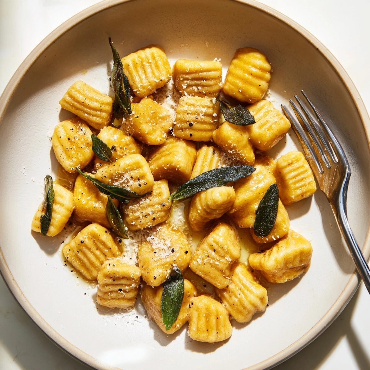 Homemade Sweet Potato Gnocchi: pillowy bites served with savory sage butter and parmesan.