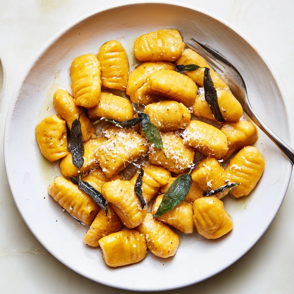 Close-up of creamy Sweet Potato Gnocchi, showcasing browned butter sauce and fresh sage.