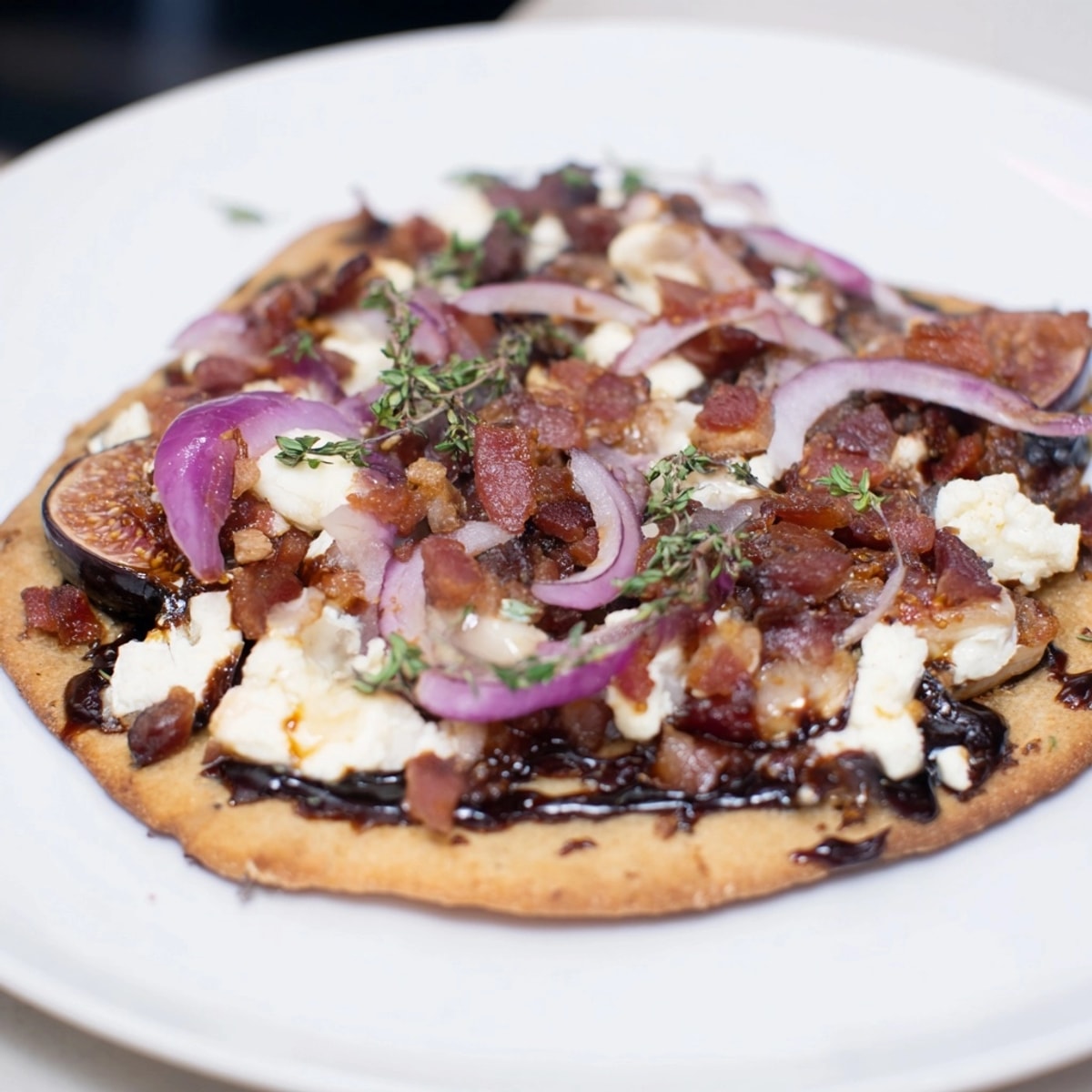 Golden Roasted Balsamic Fig & Bacon Flatbread: warm, cheesy, with a sweet, tangy glaze.