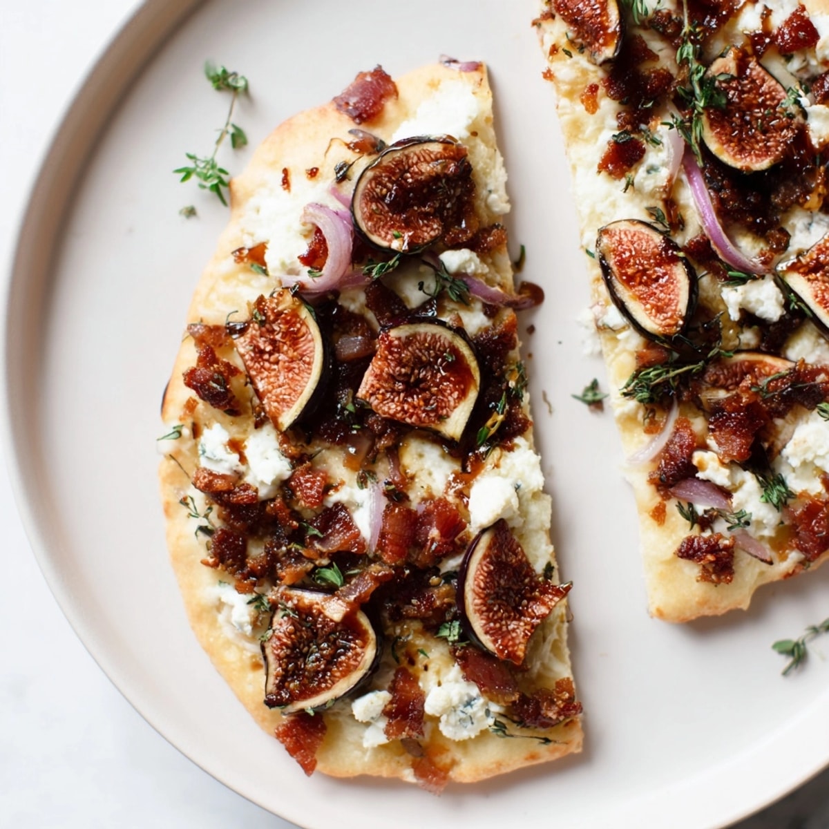 Savory-sweet delight: baked Roasted Balsamic Fig &amp; Bacon Flatbread with herbs and cheese.