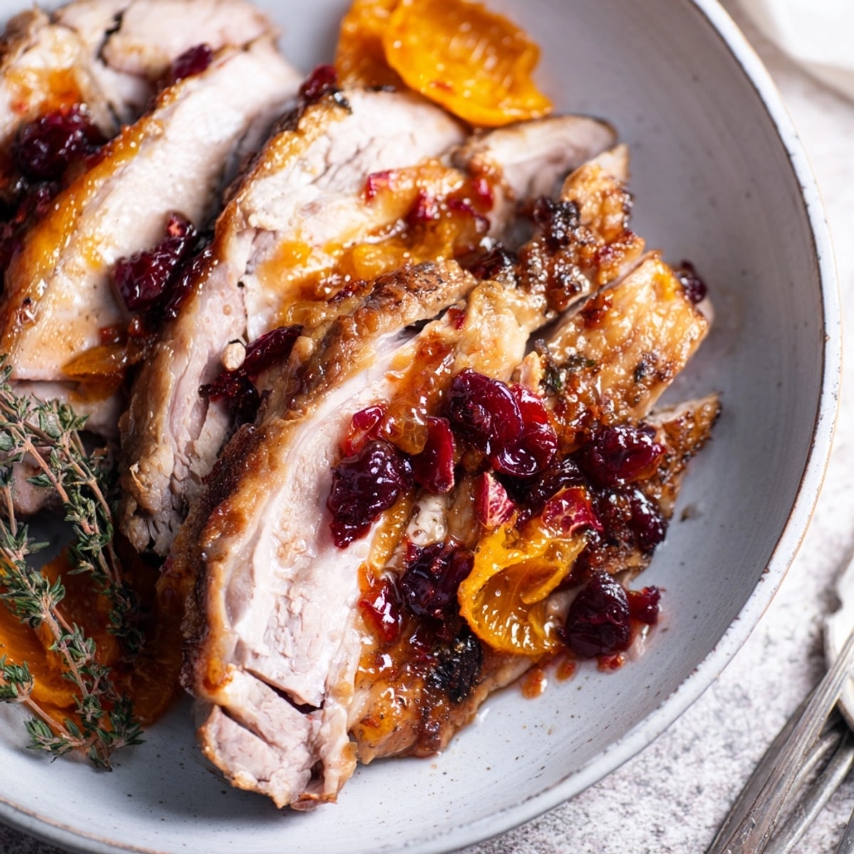 Close-up reveals a perfectly roasted Cider Brined Turkey Breast with vibrant cranberry glaze.