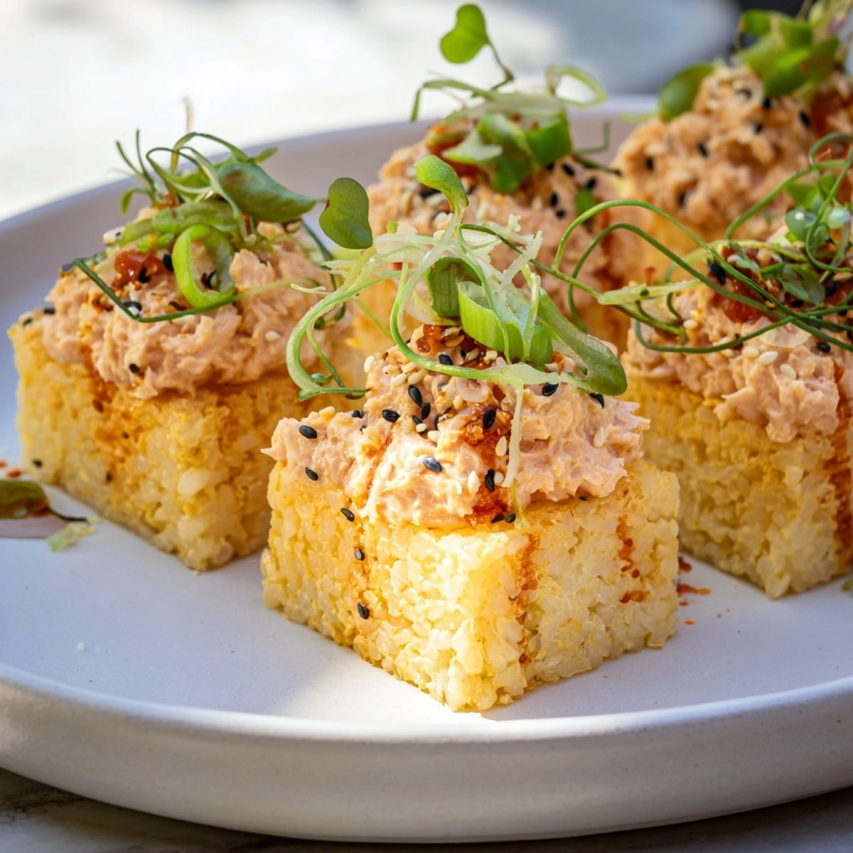 Golden Spicy Tuna Crispy Rice recipe: bite-sized appetizers with creamy tuna and crispiness.