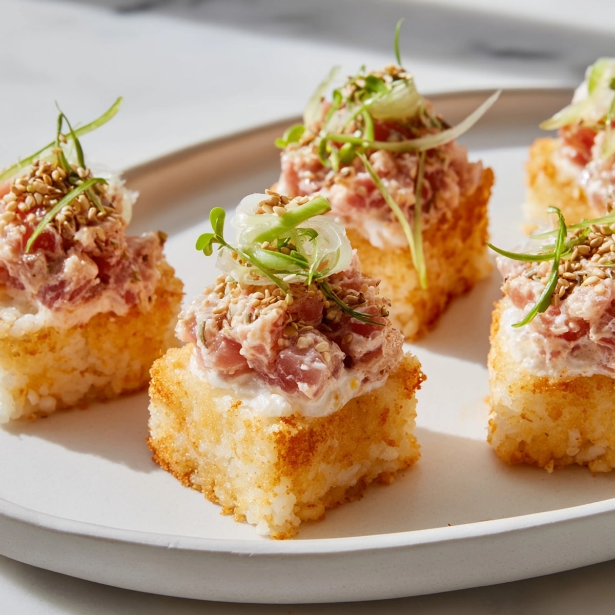 Homemade Spicy Tuna Crispy Rice, fresh scallions sprinkled, looks so tasty for a quick snack.