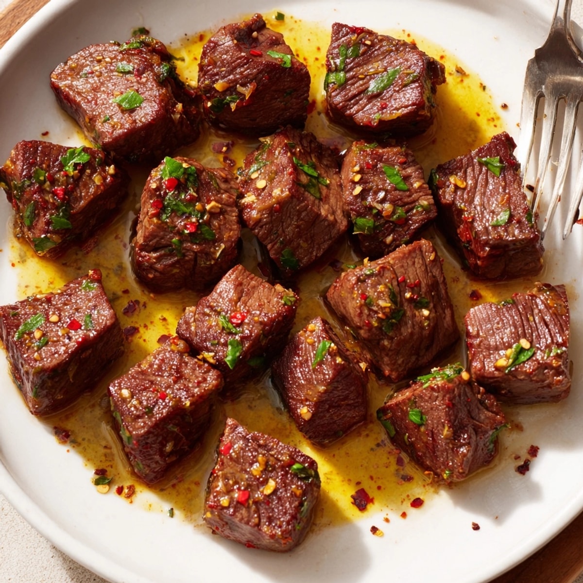 Sizzling Garlic Butter Steak Bites, browned and glistening, ready to be devoured immediately.