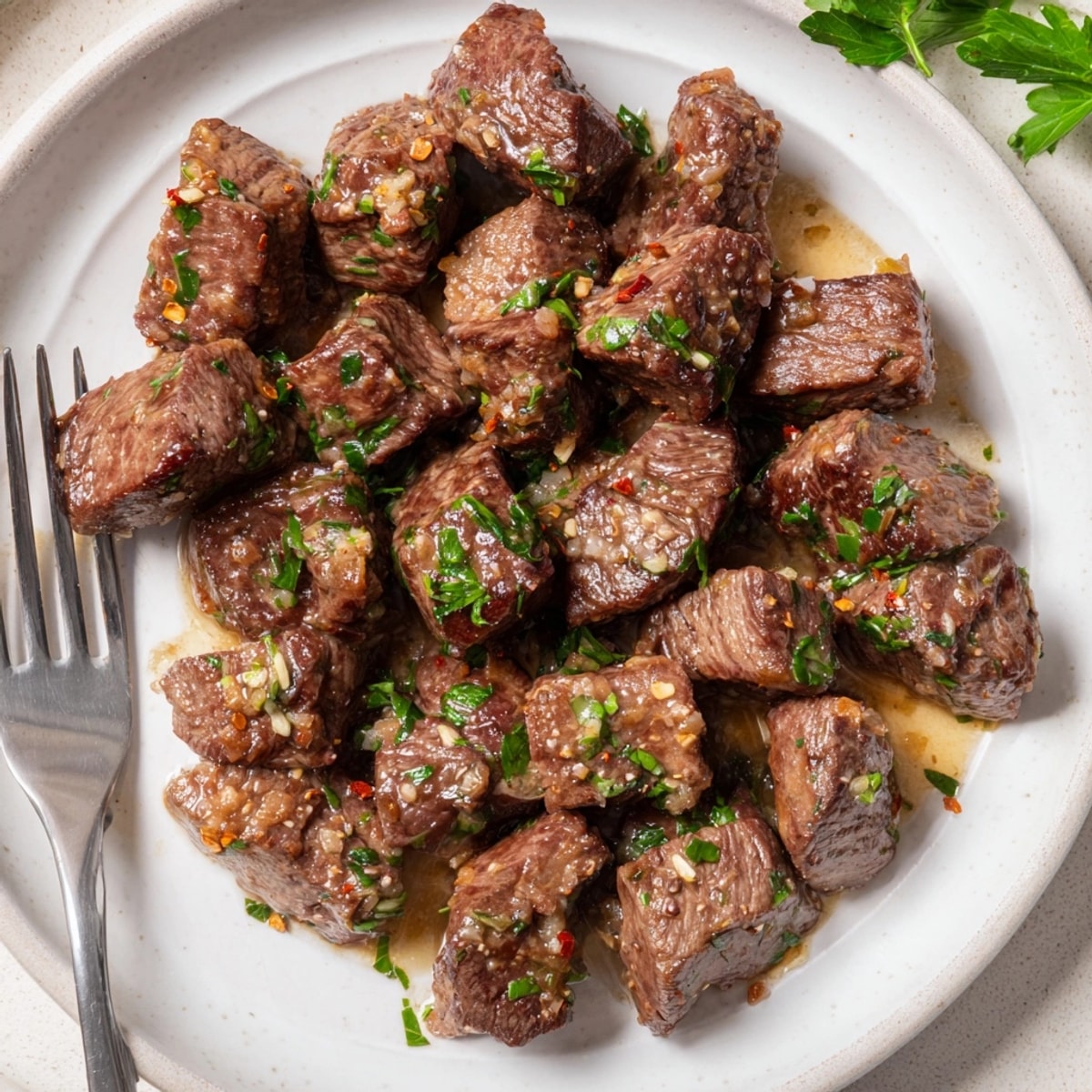Delicious Garlic Butter Steak Bites recipe: tender cubes of sirloin in a rich, savory sauce.