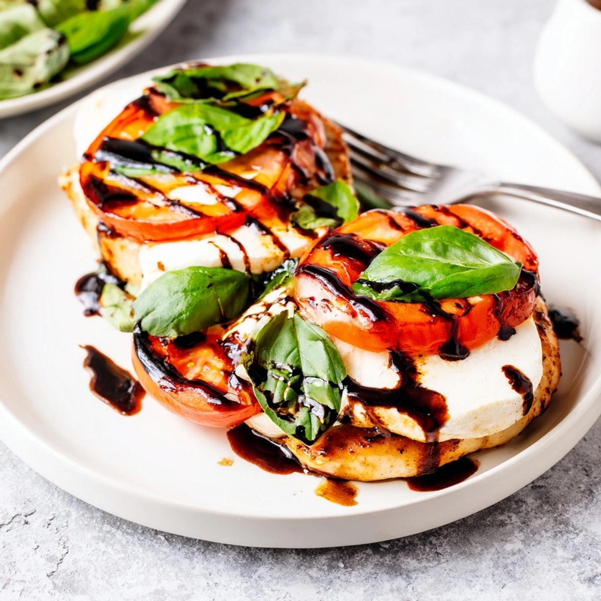 Juicy Balsamic Glaze Caprese Chicken with ripe tomatoes, bubbling mozzarella, served hot.