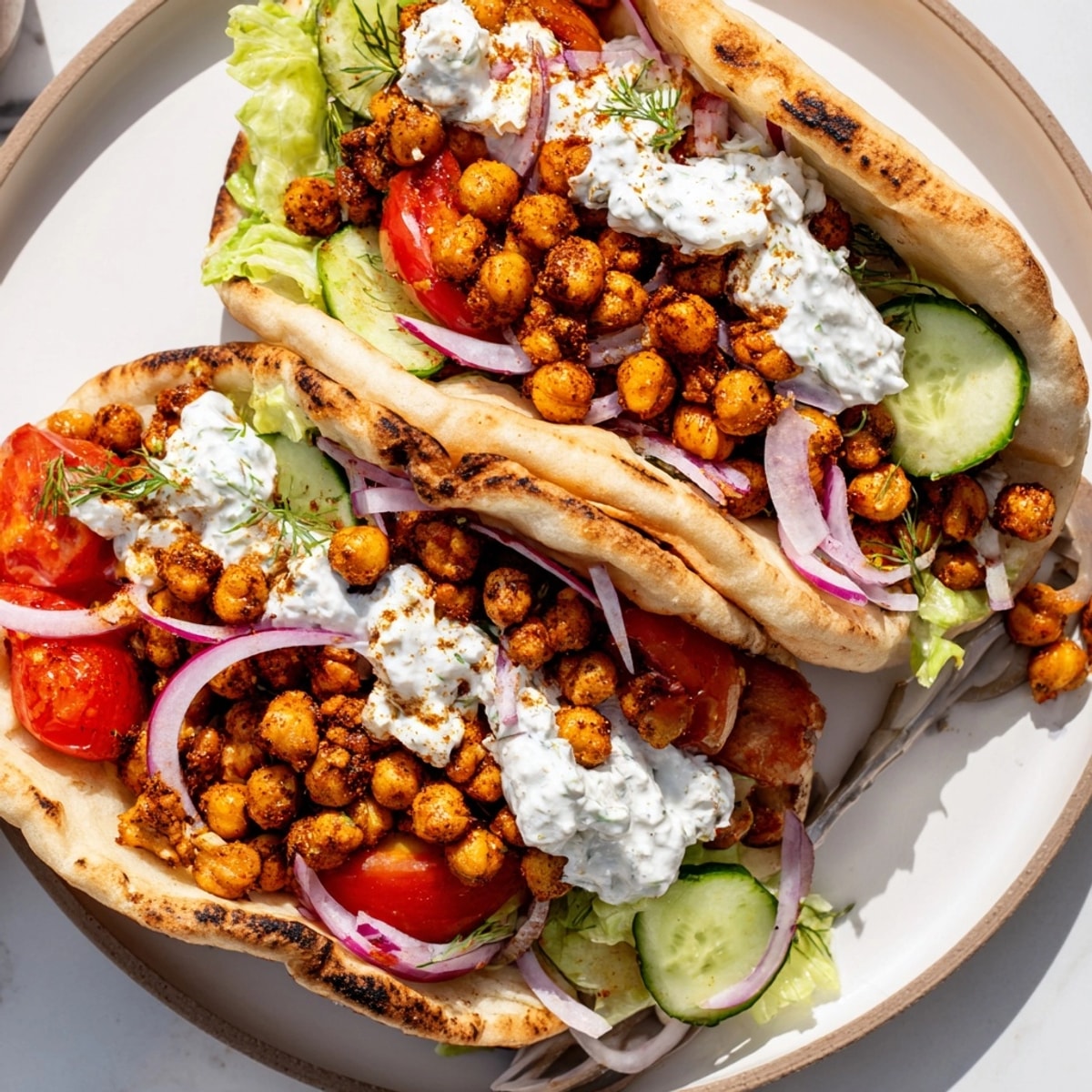 A burst of flavor: Crispy Chickpea Gyros with creamy tzatziki, tomatoes, and herbs.