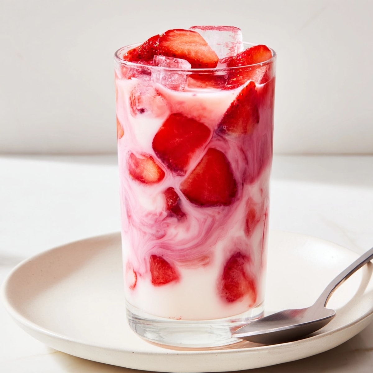 Creamy Korean Strawberry Milk recipe: a pretty-in-pink drink with fresh berry chunks.