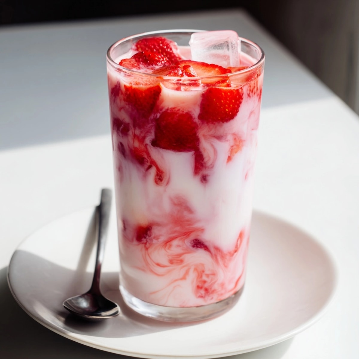 Homemade Korean Strawberry Milk swirls in a glass, ready to enjoy with a straw.