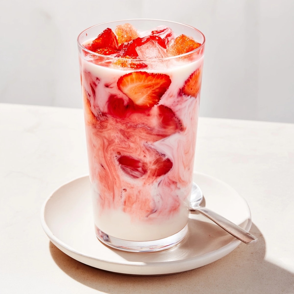 Vibrant Korean Strawberry Milk: cool, sweet, refreshing summer beverage garnished prettily with sliced berries.