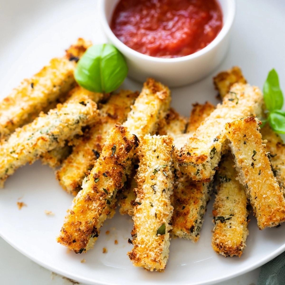 Golden brown Eggplant Parmesan Sticks, crispy and cheesy, served hot with marinara.