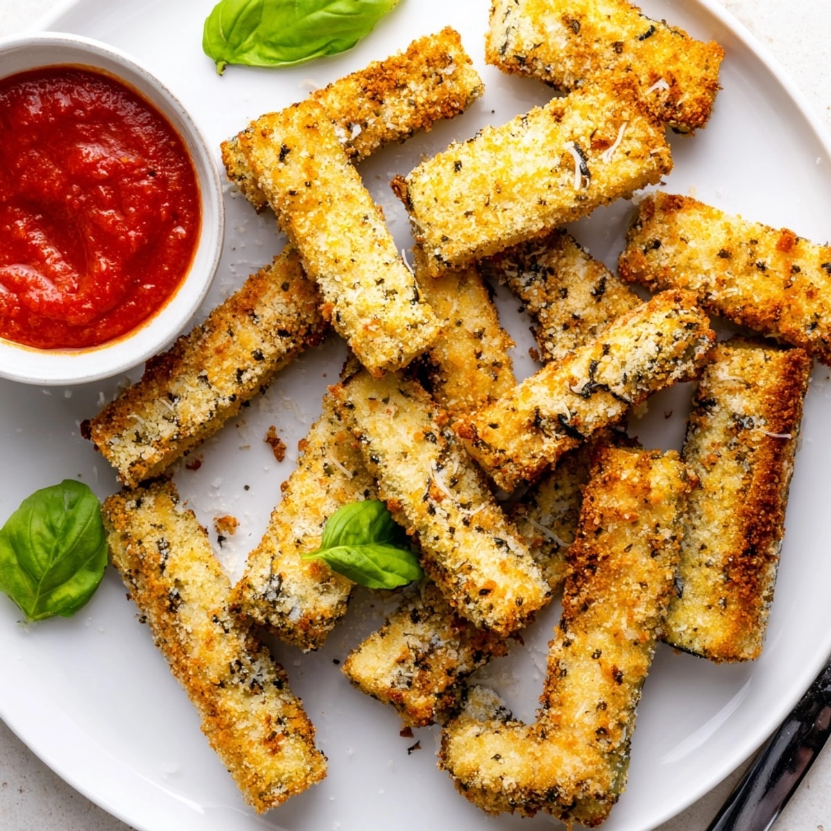 Baked Eggplant Parmesan Sticks with crunchy panko crust, ready for dipping in warm sauce.
