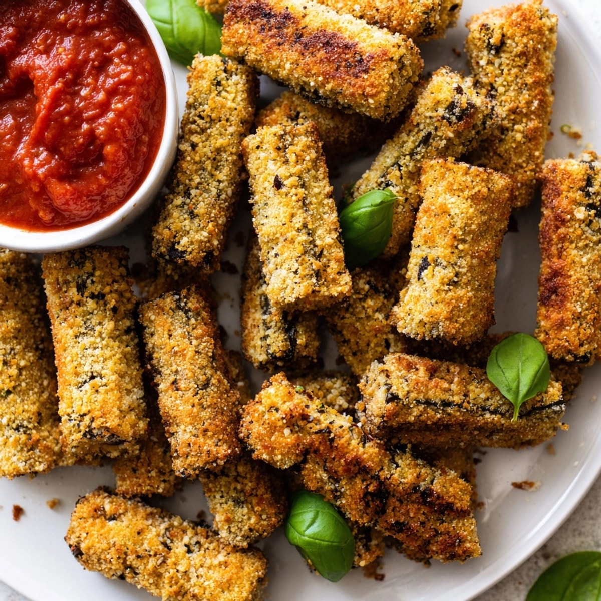 Homemade Eggplant Parmesan Sticks, vegetarian appetizer baking on a sheet; Italian-American cuisine.