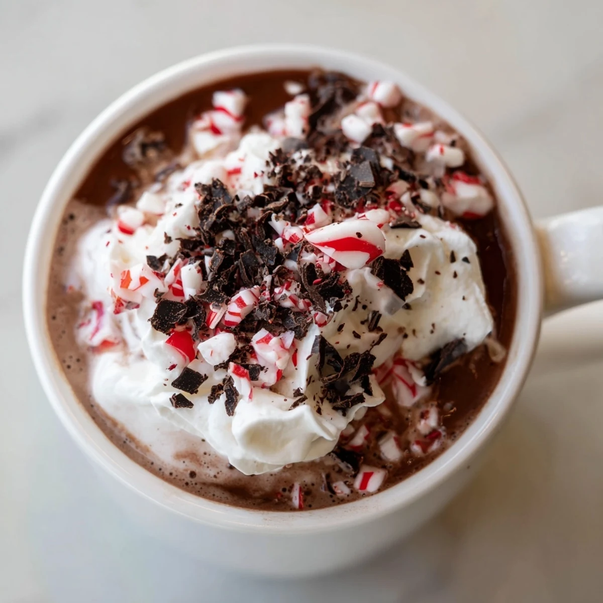 Aromatic Peppermint Mocha Latte, a rich chocolaty delight beside crushed candy cane garnish.