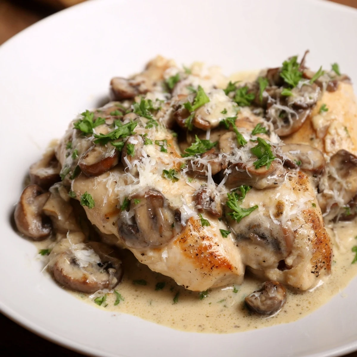 Creamy Garlic Mushroom Chicken, a comforting dish with tender chicken in savory mushroom sauce.
