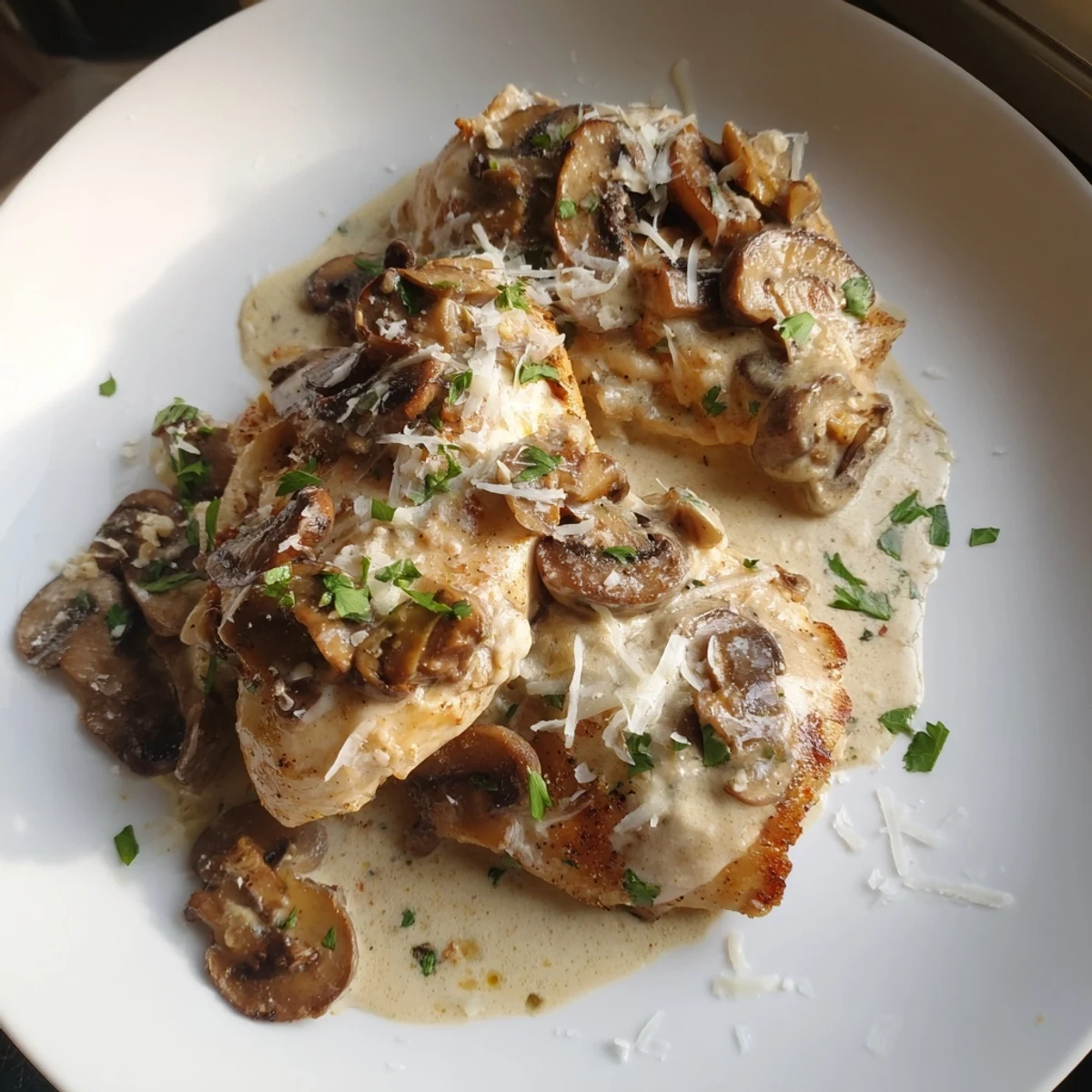 Golden chicken breasts smothered in a rich Creamy Garlic Mushroom Chicken sauce, perfect for a special supper.