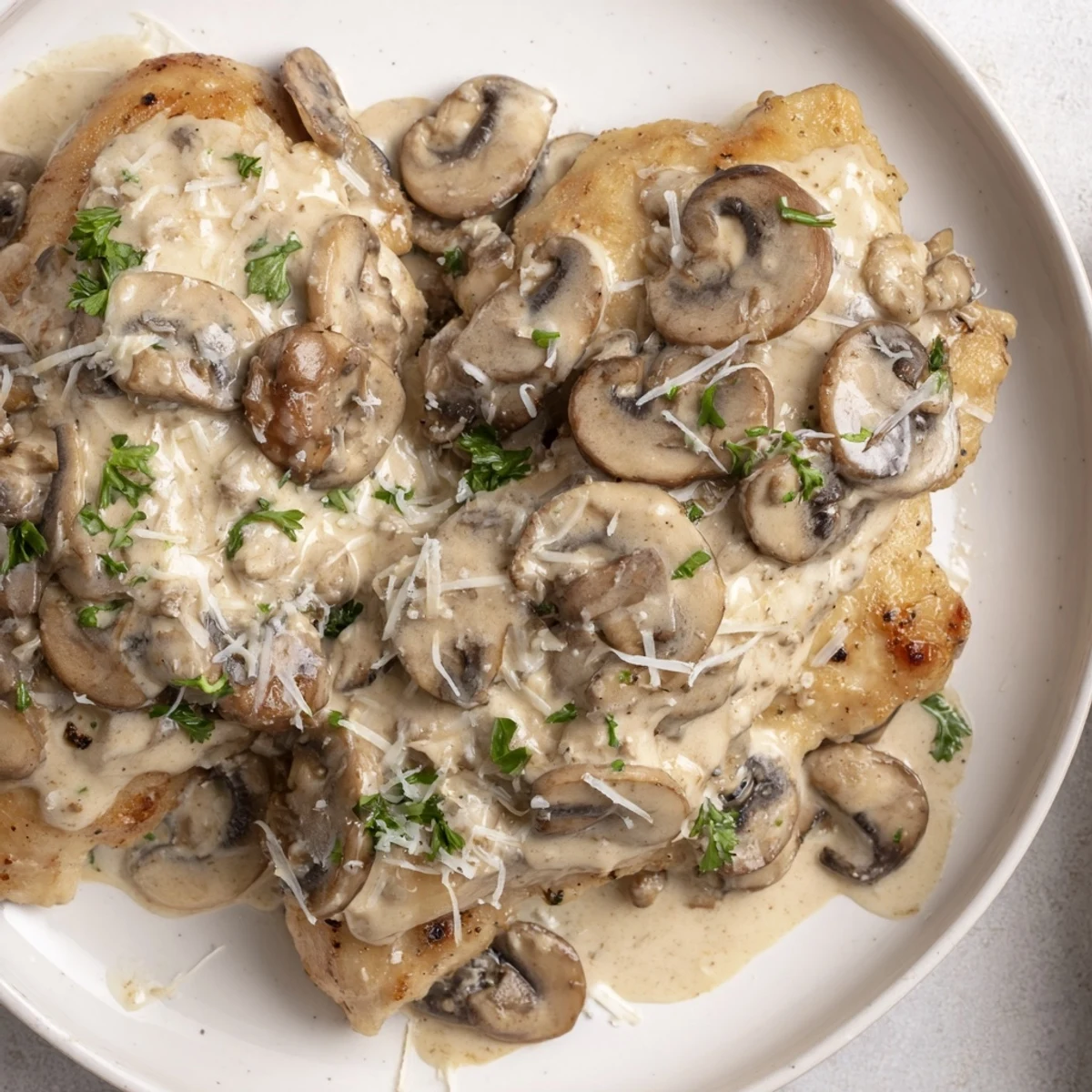 Spoonful of Creamy Garlic Mushroom Chicken, showcasing the creamy sauce and perfectly cooked chicken pieces.