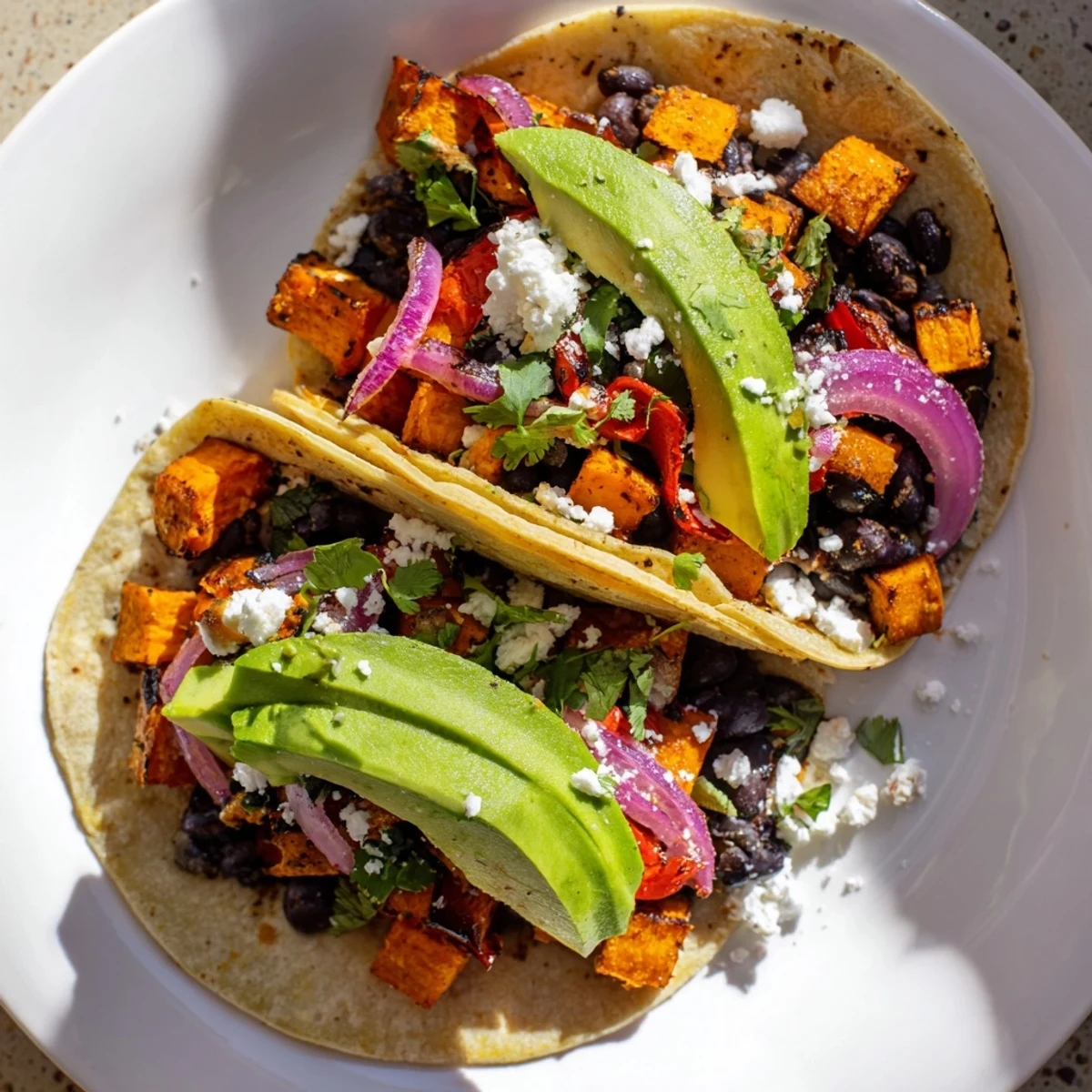 Warm corn tortillas overflowing with colorful roasted sweet potato and black bean taco filling.