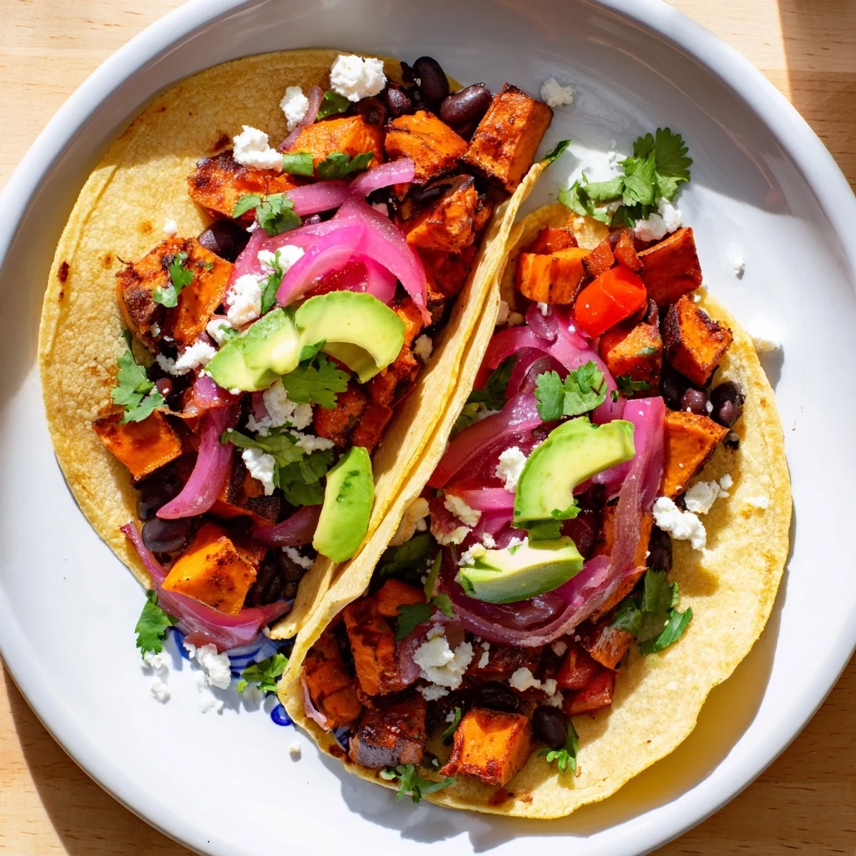 Perfect for dinner: a plate of vibrant roasted sweet potato and black bean tacos with lime wedges.