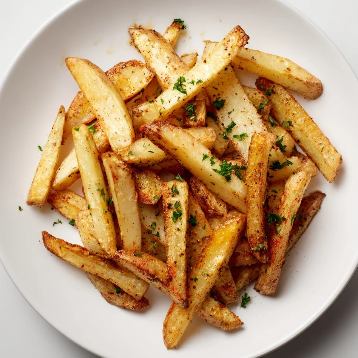 Golden, crispy oven baked French fries, seasoned and ready to eat with a fluffy interior.