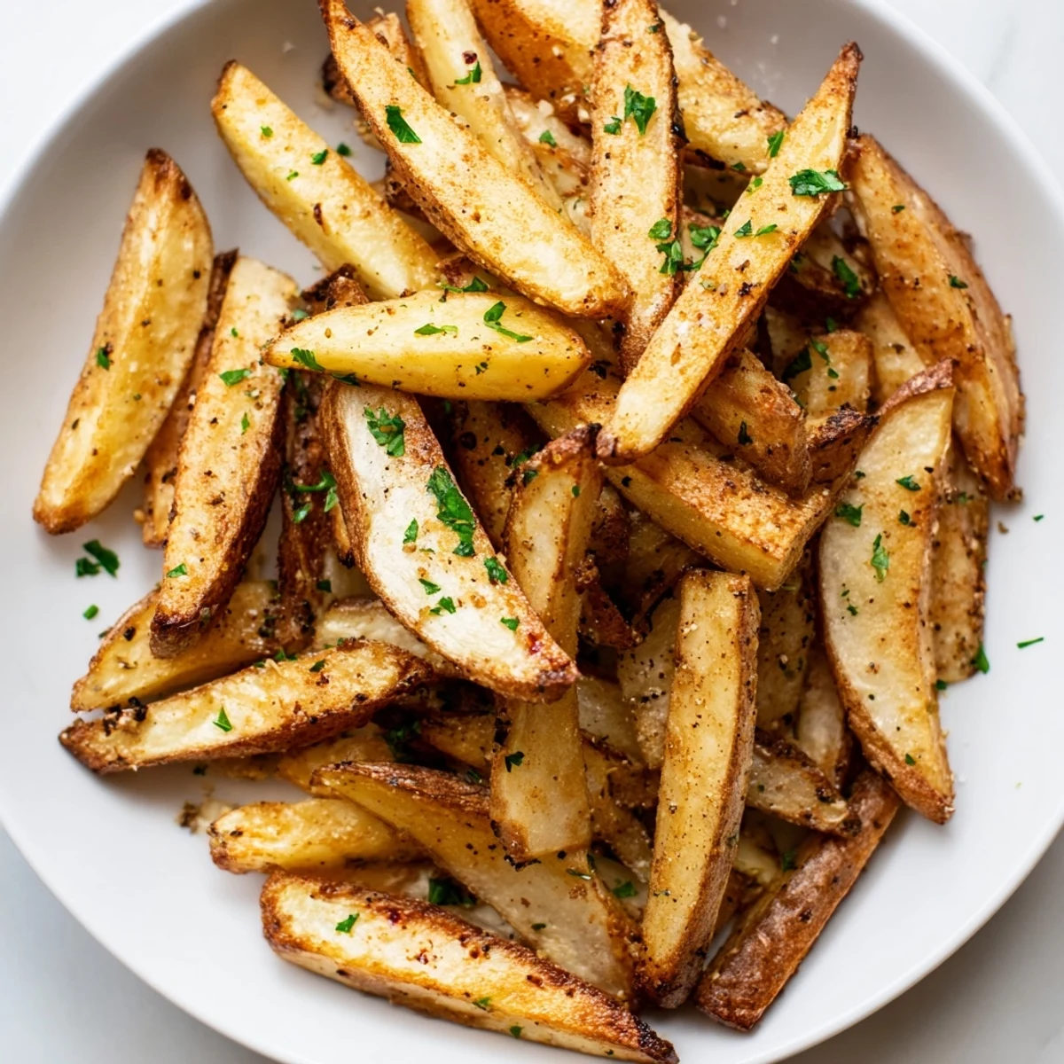 Picture a tray of oven baked French fries, perfectly crisp and golden brown, ready to serve.