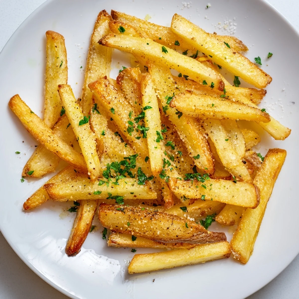 Delicious and simple recipe photo: mouthwatering, homemade crispy oven baked French fries.