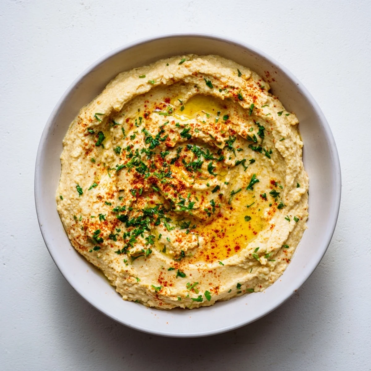A bowl of creamy Classic Hummus with Pita Chips, drizzled with olive oil, ready to enjoy.