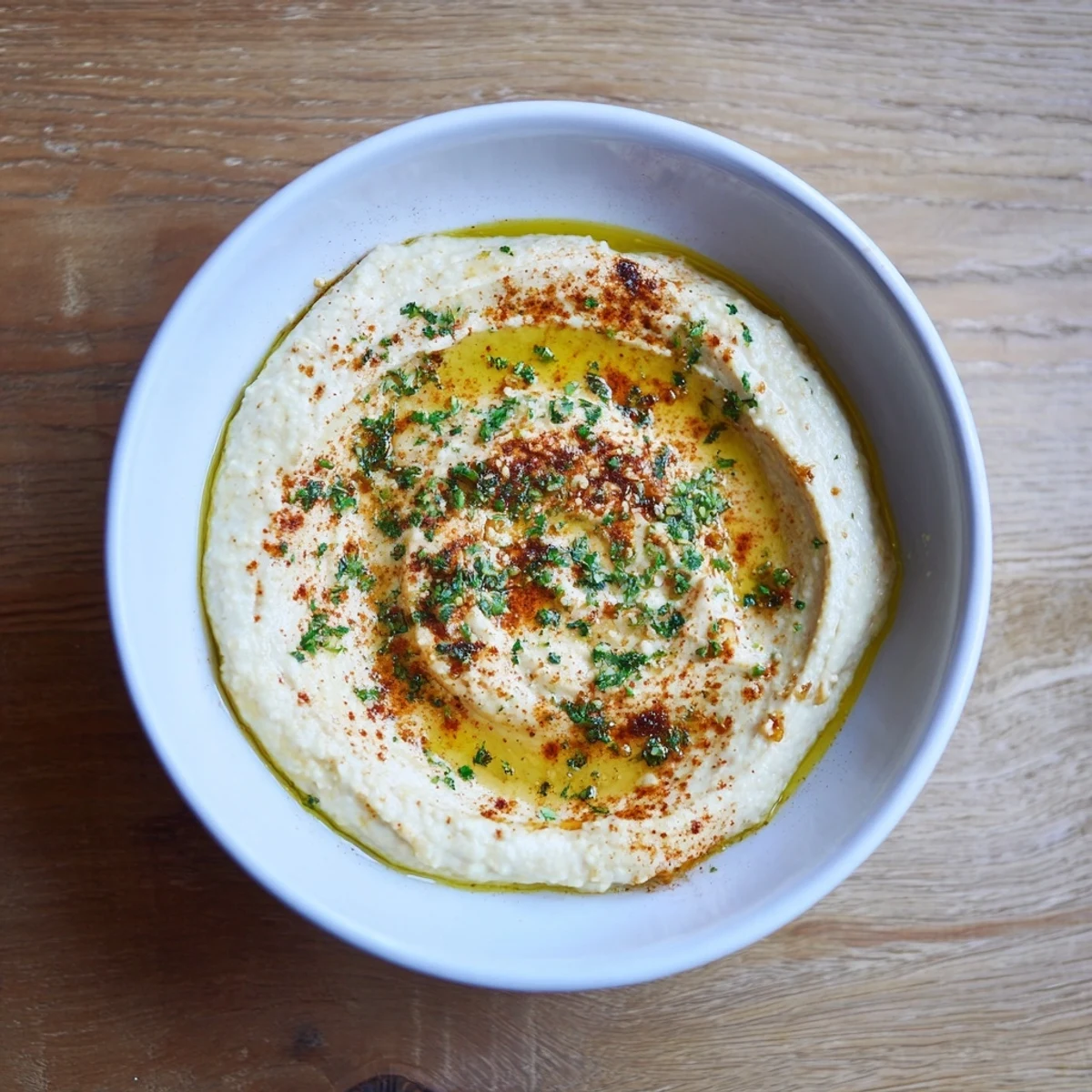 Golden, crispy pita chips surround a vibrant serving of Classic Hummus, garnished with paprika and parsley.