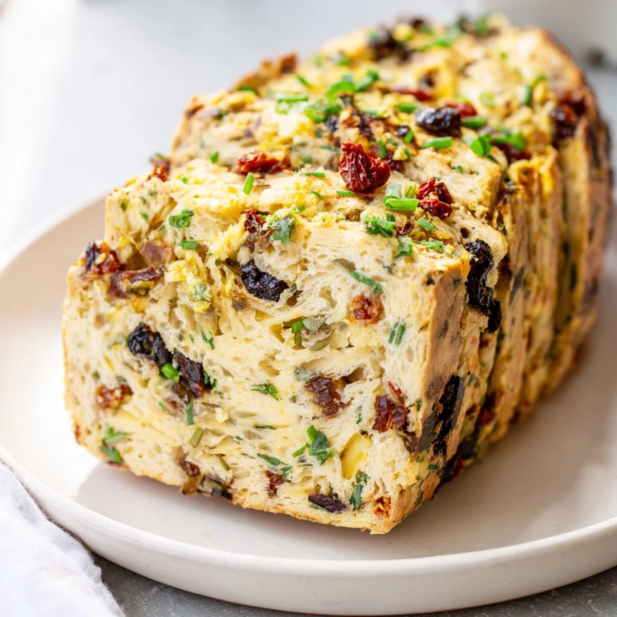 Warm, crusty savory bread loaf, studded with olives and cheese, sliced and ready to eat.