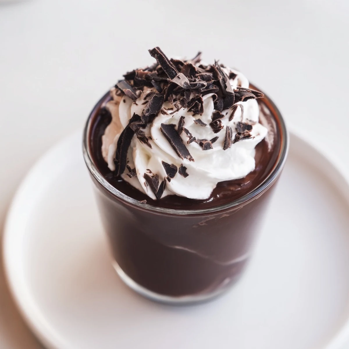Rich, dark chocolate shot, crowned with whipped cream, ready for a comforting and quick dessert drink.