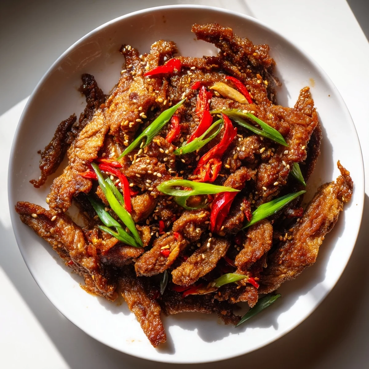 Golden, crispy beef strips glistening with savory sauce, perfect for homemade Crispy Beef.