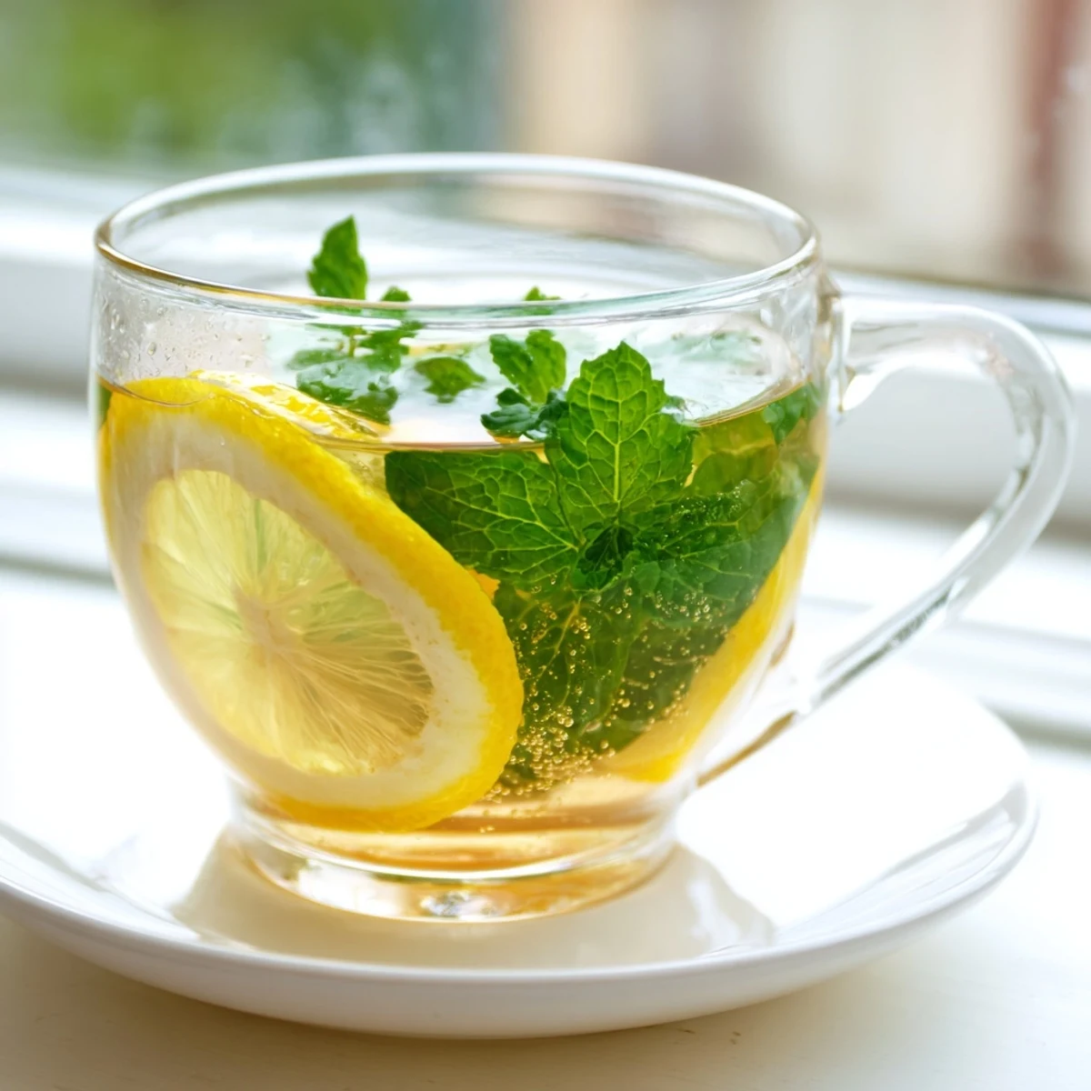 Clear glass cups filled with vibrant peppermint leaf tea, offering a soothing, caffeine-free beverage option.