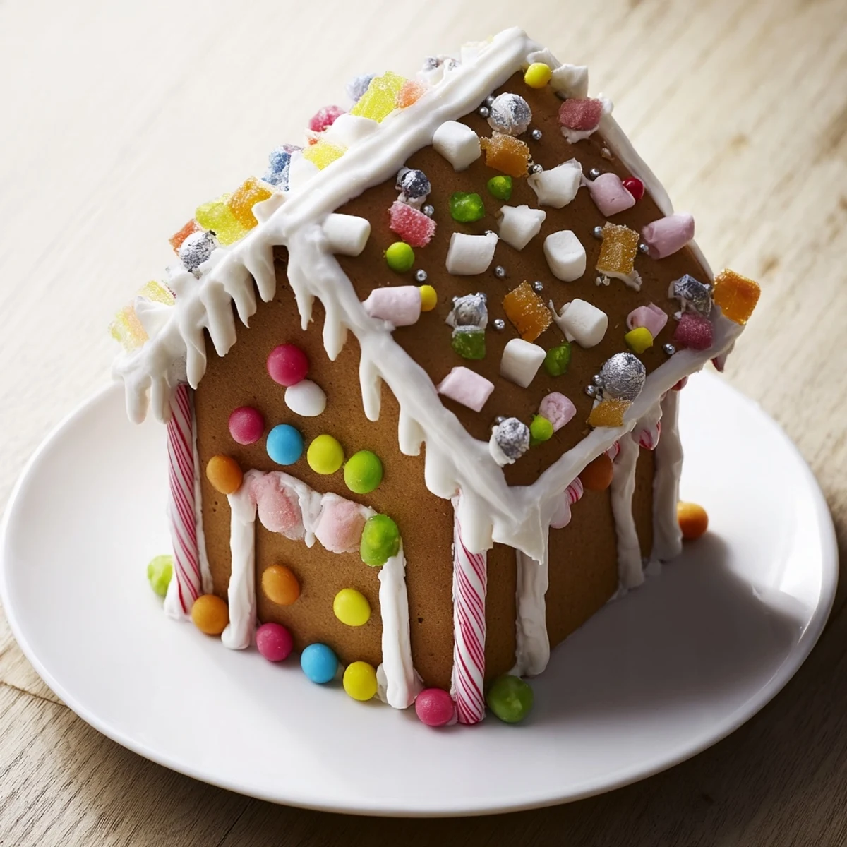 A beautifully decorated Gingerbread Village with colorful candies and glistening icing, perfect for the holidays.